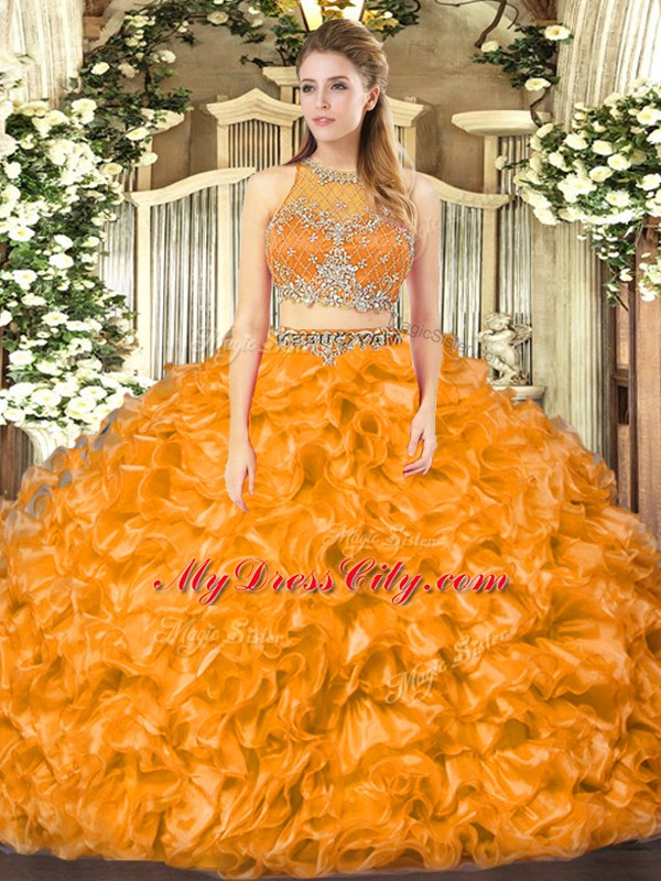 Sophisticated Organza Scoop Sleeveless Zipper Beading and Ruffles 15th Birthday Dress in Orange Red