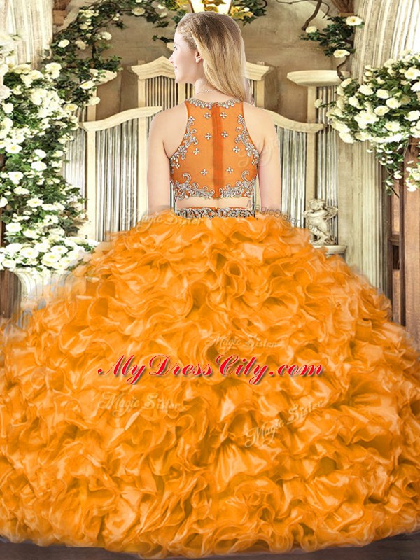 Sophisticated Organza Scoop Sleeveless Zipper Beading and Ruffles 15th Birthday Dress in Orange Red