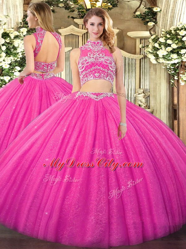 Attractive Beading Quinceanera Gown Hot Pink Backless Sleeveless Floor Length