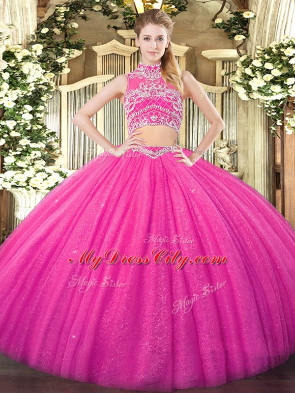 Attractive Beading Quinceanera Gown Hot Pink Backless Sleeveless Floor Length