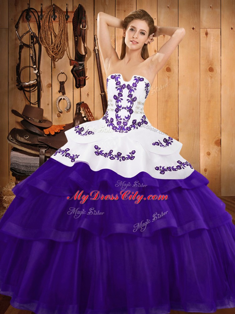 Romantic Purple Sleeveless Embroidery and Ruffled Layers Lace Up 15 Quinceanera Dress