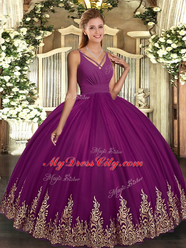 Noble Fuchsia Sleeveless Appliques Floor Length 15th Birthday Dress