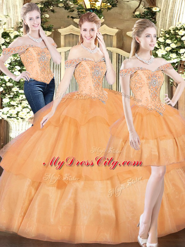 Charming Orange Red Off The Shoulder Lace Up Beading and Ruffled Layers Quinceanera Dress Sleeveless