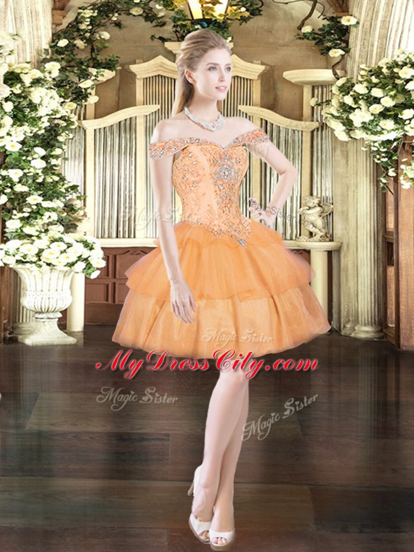 Charming Orange Red Off The Shoulder Lace Up Beading and Ruffled Layers Quinceanera Dress Sleeveless