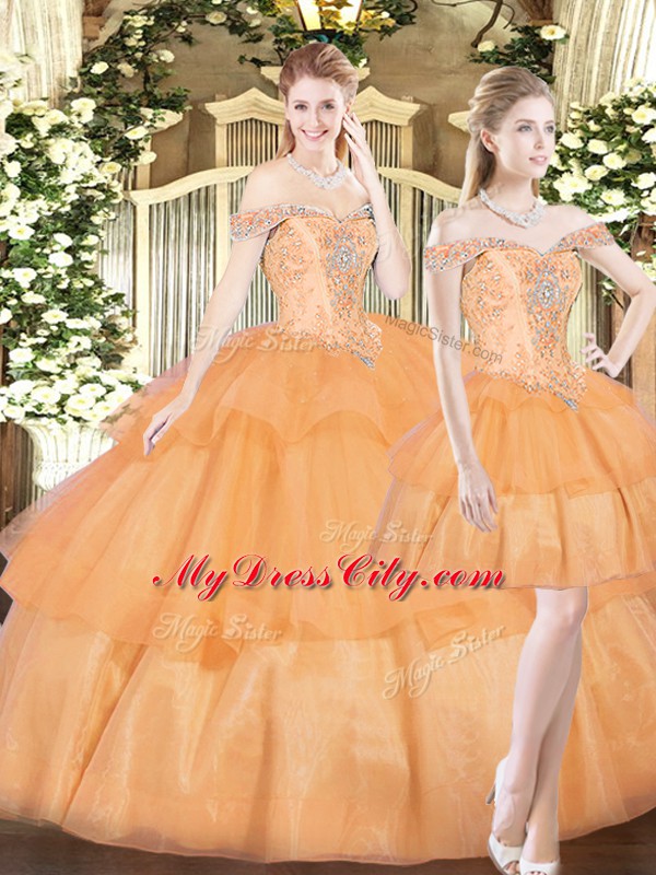 Charming Orange Red Off The Shoulder Lace Up Beading and Ruffled Layers Quinceanera Dress Sleeveless