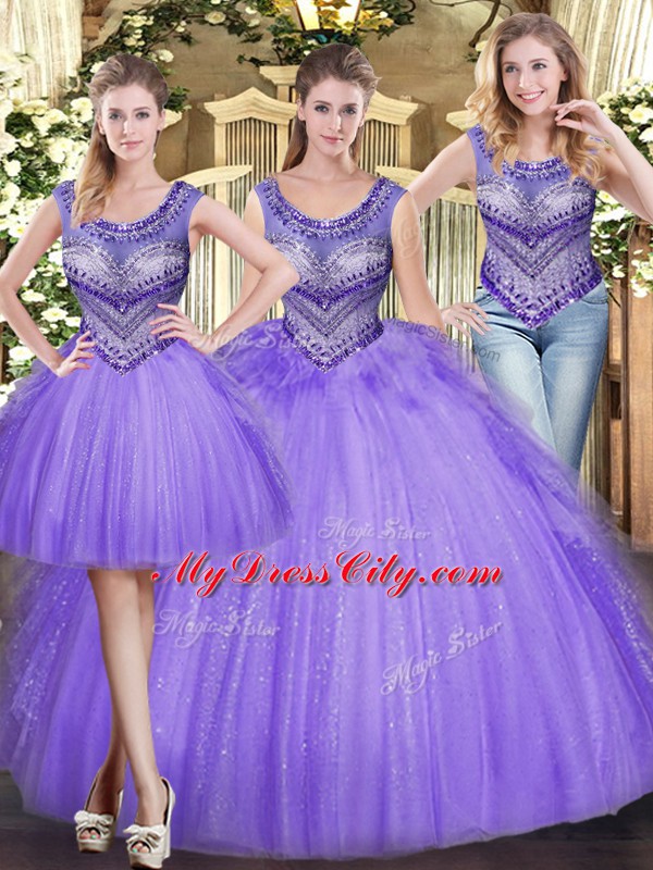 Fashionable Scoop Sleeveless Tulle 15th Birthday Dress Beading and Ruffles Lace Up