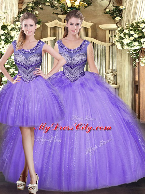 Fashionable Scoop Sleeveless Tulle 15th Birthday Dress Beading and Ruffles Lace Up