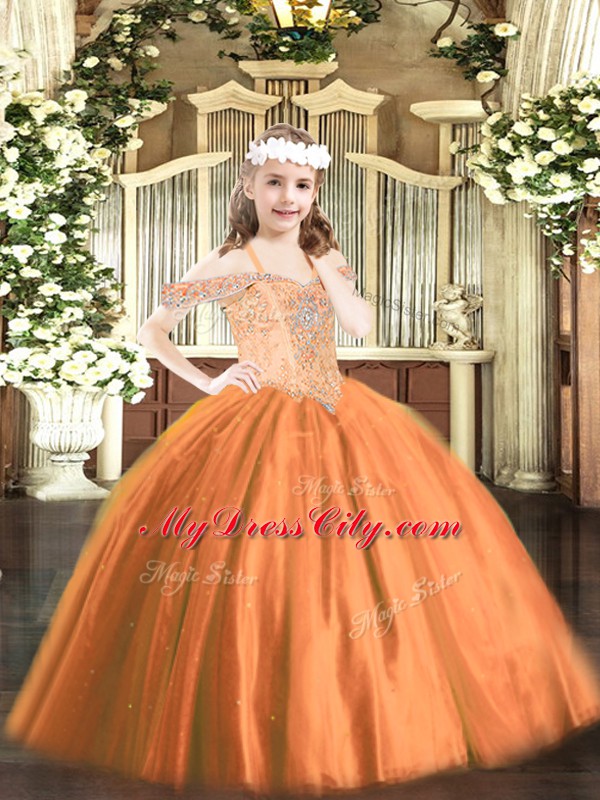 Sleeveless Floor Length Beading Lace Up Girls Pageant Dresses with Rust Red