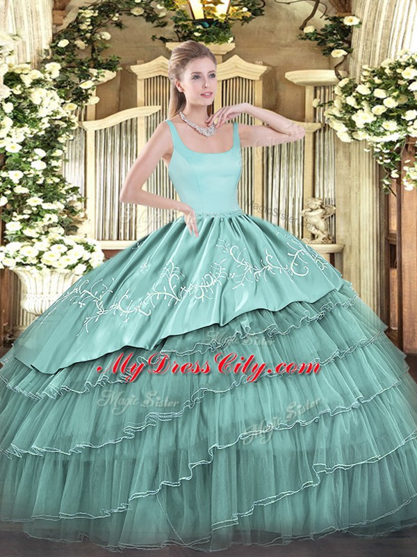 Floor Length Blue Sweet 16 Dresses Organza Sleeveless Embroidery and Ruffled Layers