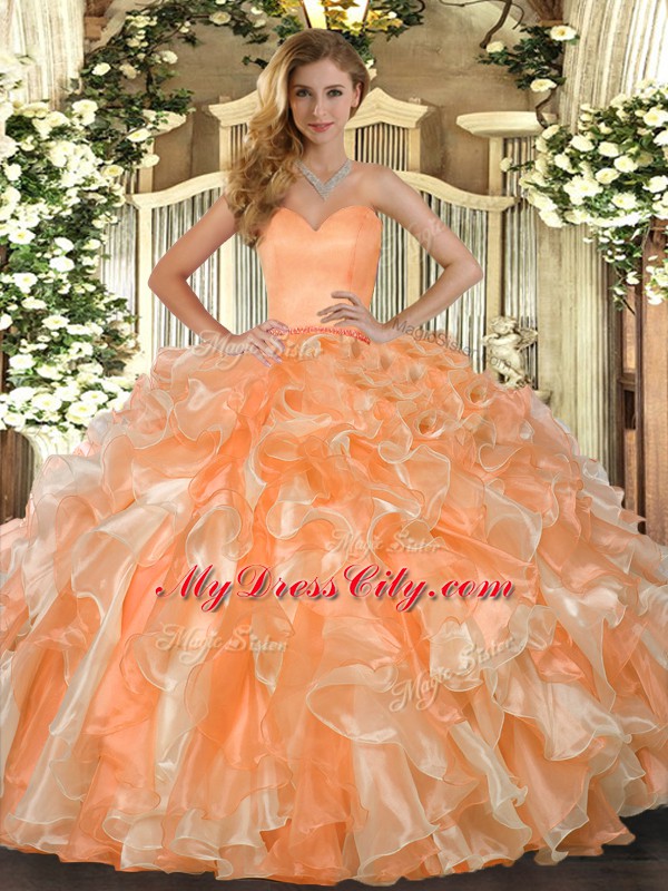 Sweetheart Sleeveless 15th Birthday Dress Floor Length Beading and Ruffles Orange Organza