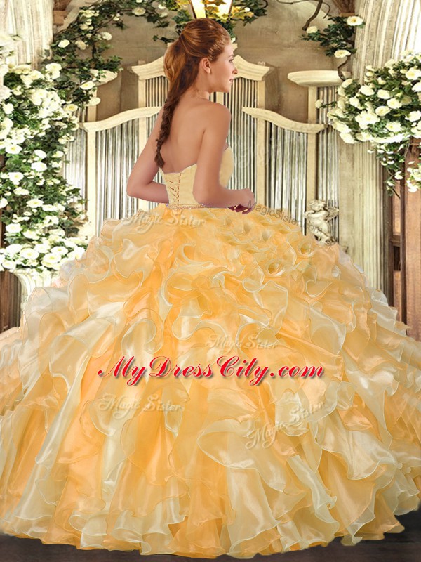 Sweetheart Sleeveless 15th Birthday Dress Floor Length Beading and Ruffles Orange Organza