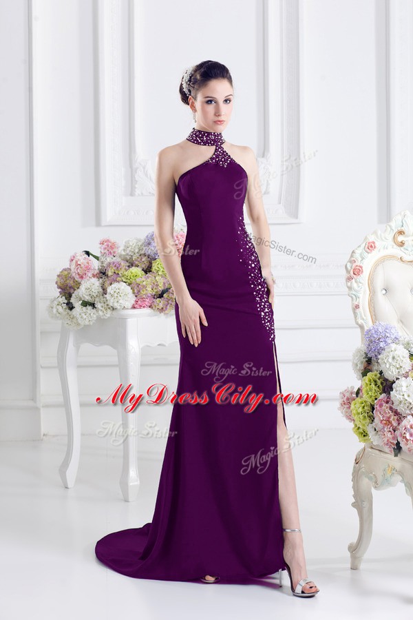 Romantic Beading Prom Dresses Dark Purple Zipper Sleeveless Sweep Train