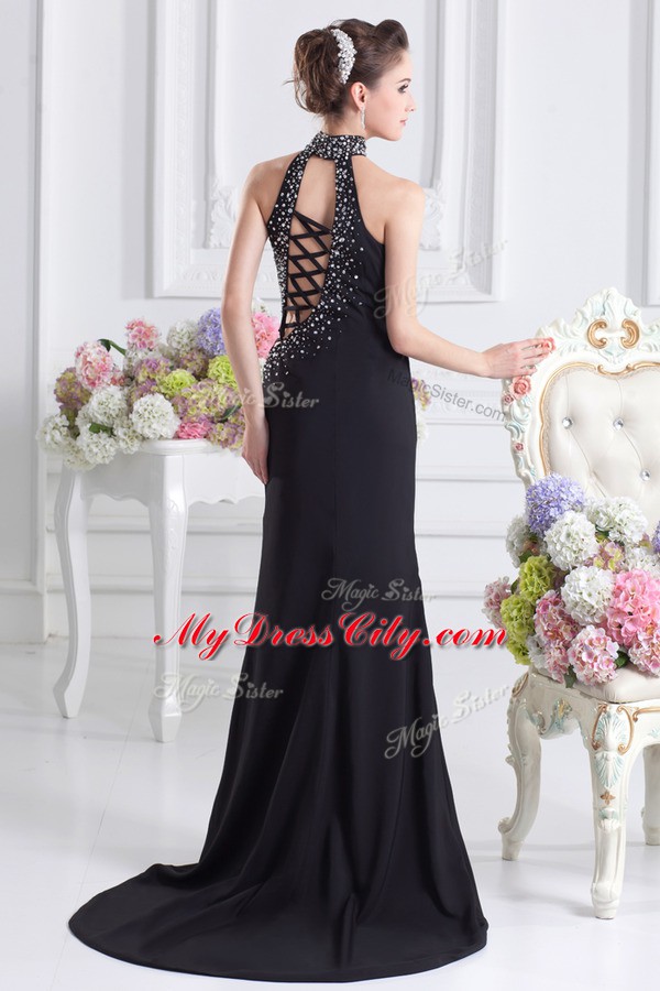 Romantic Beading Prom Dresses Dark Purple Zipper Sleeveless Sweep Train