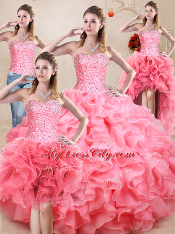 Edgy Baby Pink Sweetheart Neckline Beading and Ruffles and Ruching Quinceanera Dress Sleeveless Lace Up