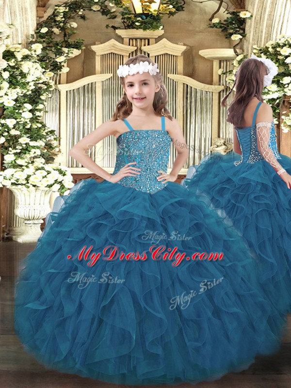 Straps Sleeveless Lace Up High School Pageant Dress Teal Tulle