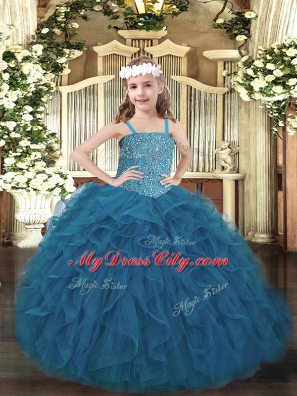 Straps Sleeveless Lace Up High School Pageant Dress Teal Tulle