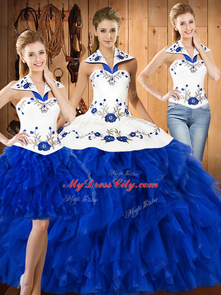 Pretty Halter Top Sleeveless Satin and Organza Sweet 16 Quinceanera Dress Embroidery Lace Up