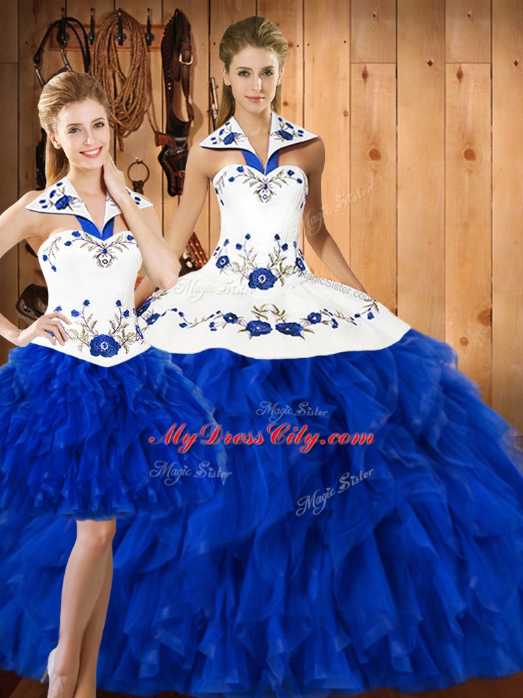 Pretty Halter Top Sleeveless Satin and Organza Sweet 16 Quinceanera Dress Embroidery Lace Up