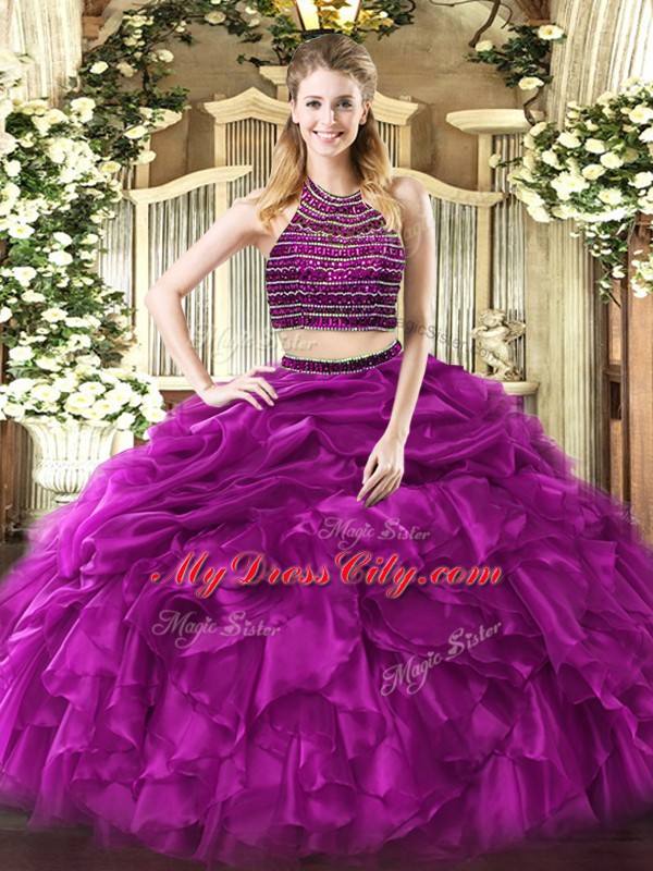 Custom Made Fuchsia Ball Gown Prom Dress Military Ball and Sweet 16 and Quinceanera with Beading and Ruffles Halter Top Sleeveless Zipper