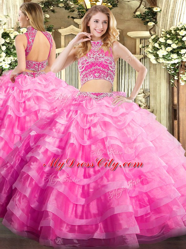 Captivating Rose Pink Tulle Backless High-neck Sleeveless Floor Length Quinceanera Dress Beading and Ruffled Layers