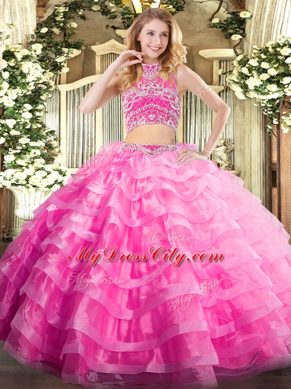 Captivating Rose Pink Tulle Backless High-neck Sleeveless Floor Length Quinceanera Dress Beading and Ruffled Layers