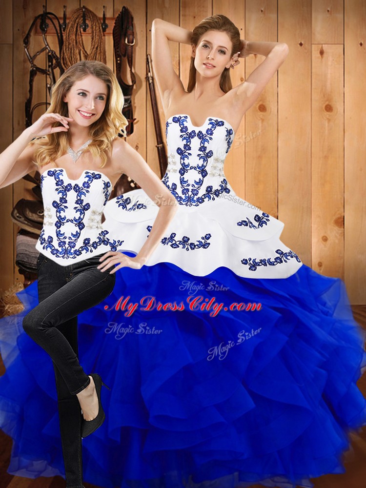 Blue Two Pieces Satin and Organza Strapless Sleeveless Embroidery and Ruffles Floor Length Lace Up Ball Gown Prom Dress