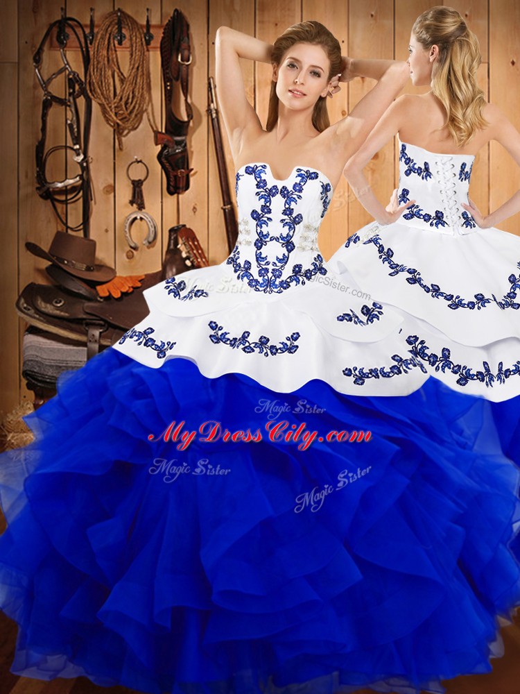 Blue Two Pieces Satin and Organza Strapless Sleeveless Embroidery and Ruffles Floor Length Lace Up Ball Gown Prom Dress