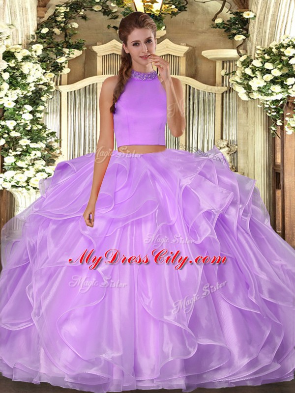 Perfect Halter Top Sleeveless Vestidos de Quinceanera Floor Length Beading and Ruffles Lilac Organza