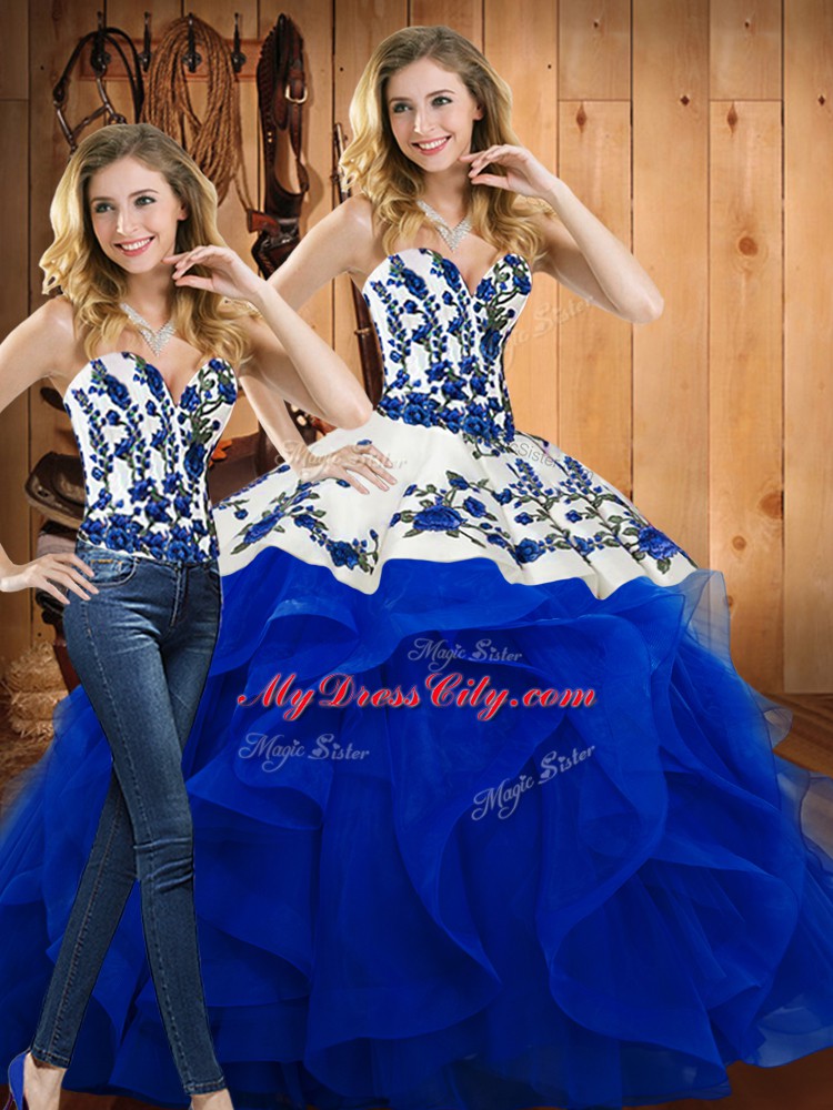 High End Sweetheart Sleeveless Satin and Organza Ball Gown Prom Dress Embroidery and Ruffles Lace Up