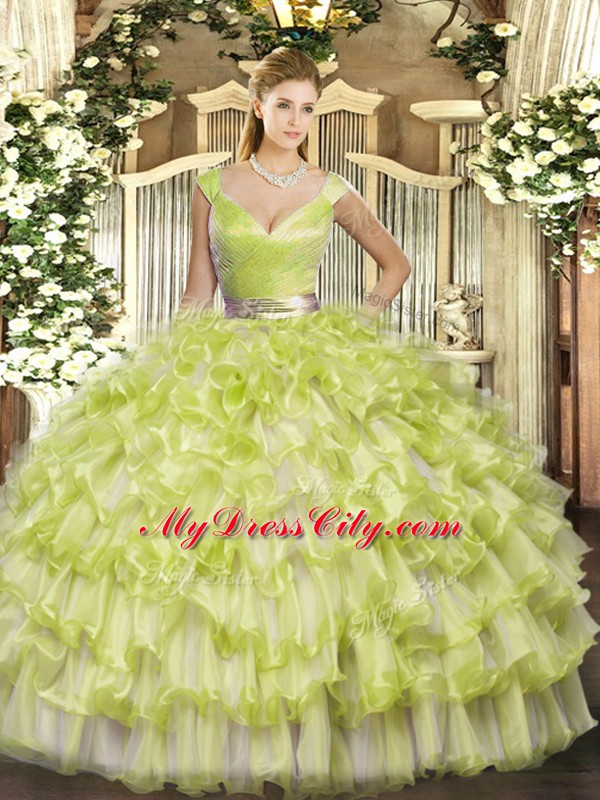 Superior Sleeveless Floor Length Ruffled Layers Zipper Ball Gown Prom Dress with Yellow Green