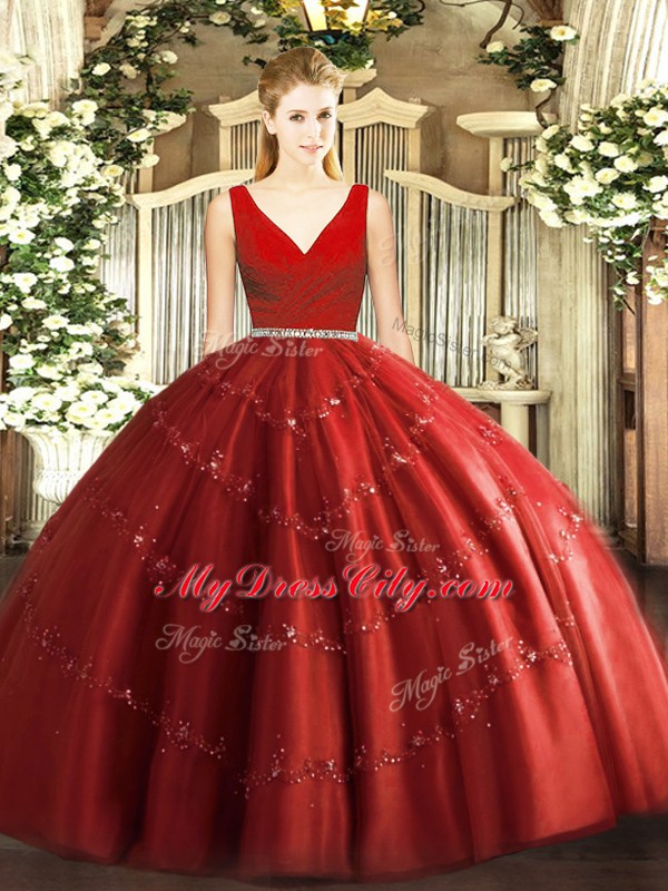 Fantastic Wine Red Tulle Zipper V-neck Sleeveless Floor Length Sweet 16 Quinceanera Dress Beading