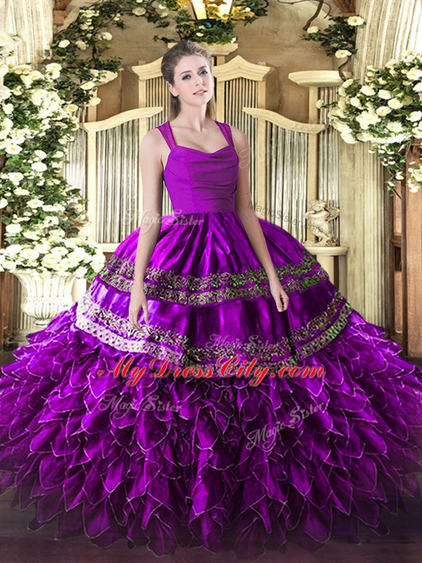 Fuchsia Ball Gowns Straps Sleeveless Organza Floor Length Zipper Beading and Lace and Ruffles Sweet 16 Dress