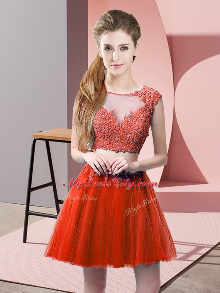 Cute Scoop Sleeveless Evening Dress Mini Length Appliques Red Tulle