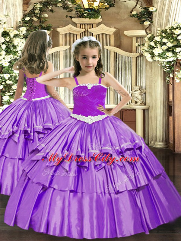 Ball Gowns Little Girls Pageant Dress Wholesale Lavender Straps Organza Sleeveless Floor Length Lace Up