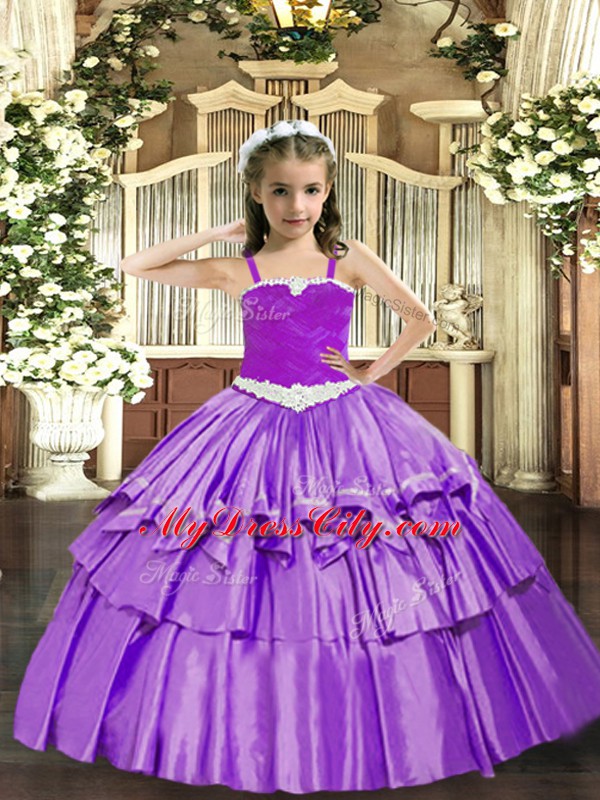 Ball Gowns Little Girls Pageant Dress Wholesale Lavender Straps Organza Sleeveless Floor Length Lace Up