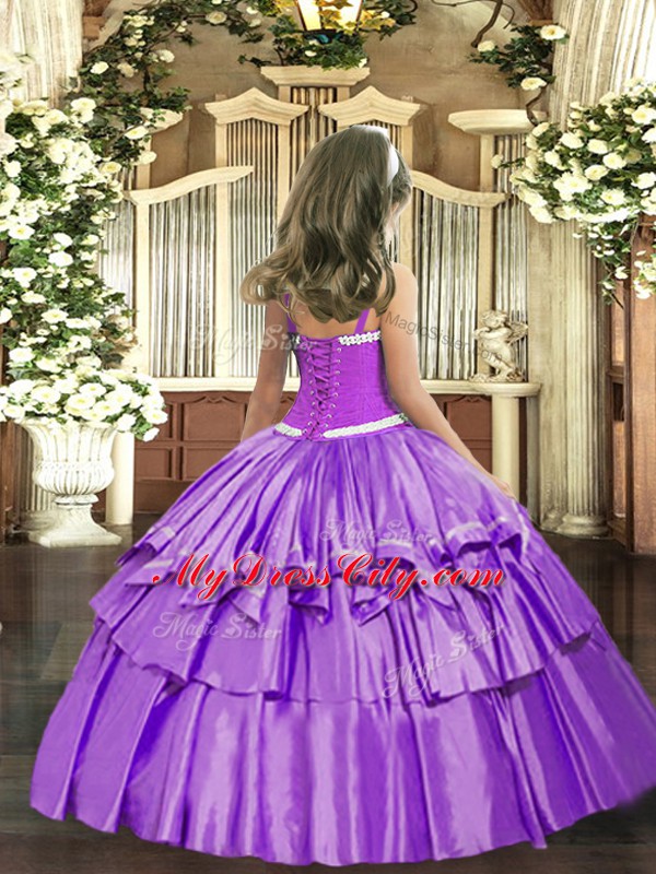 Ball Gowns Little Girls Pageant Dress Wholesale Lavender Straps Organza Sleeveless Floor Length Lace Up