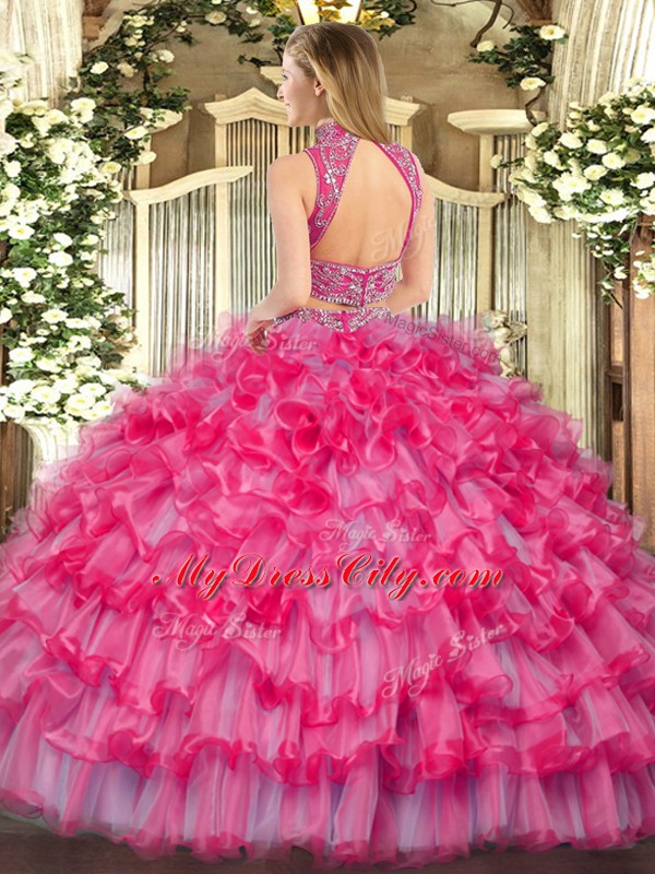 Tulle Sleeveless Floor Length Ball Gown Prom Dress and Beading and Ruffled Layers