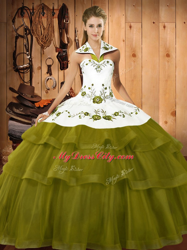 Sleeveless Embroidery and Ruffled Layers Lace Up Sweet 16 Dresses with Olive Green Sweep Train