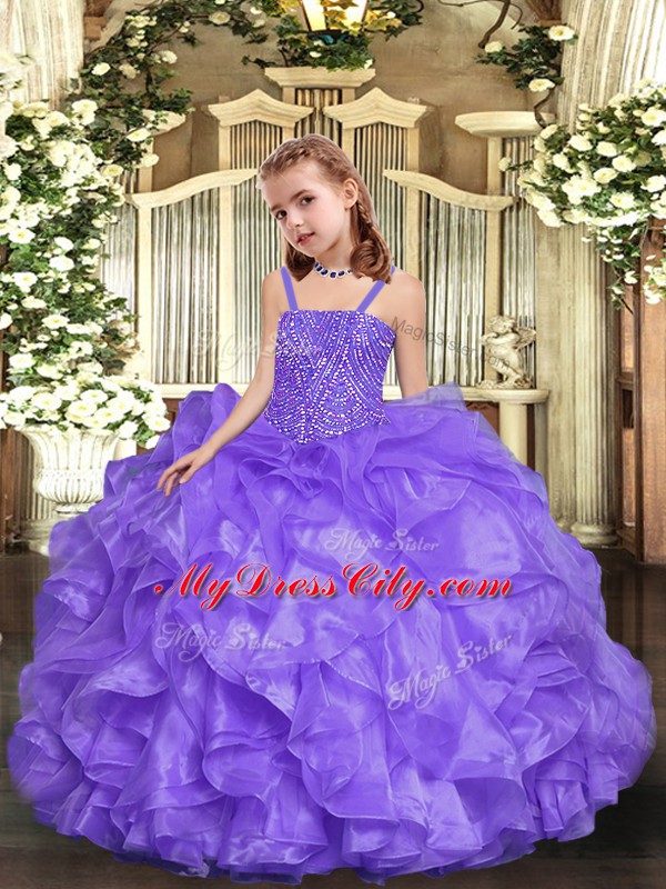 Lavender Organza Lace Up Straps Sleeveless Floor Length Pageant Dress Toddler Beading and Ruffles