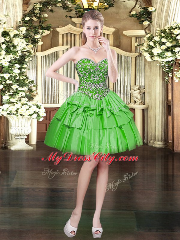 Best Green Sleeveless Mini Length Beading and Ruffled Layers Lace Up Evening Dress