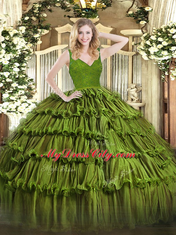 Floor Length Olive Green 15 Quinceanera Dress V-neck Sleeveless Backless