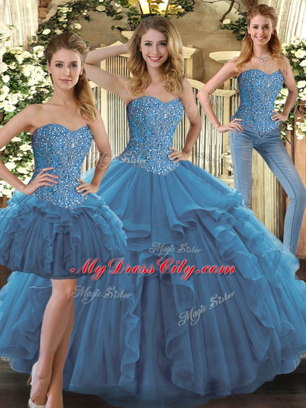 Charming Tulle Sweetheart Sleeveless Lace Up Beading and Ruffles Quince Ball Gowns in Teal