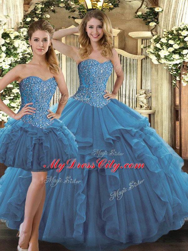 Charming Tulle Sweetheart Sleeveless Lace Up Beading and Ruffles Quince Ball Gowns in Teal