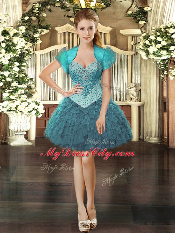 Colorful Teal Organza Lace Up Sleeveless Mini Length Beading and Ruffles