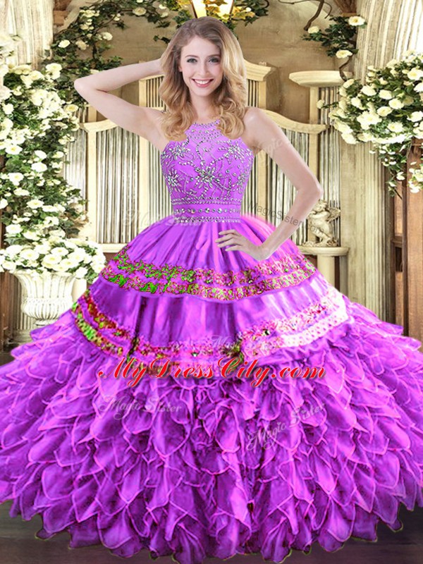 Artistic Lilac Zipper Quinceanera Dress Beading and Ruffles and Sequins Sleeveless Floor Length