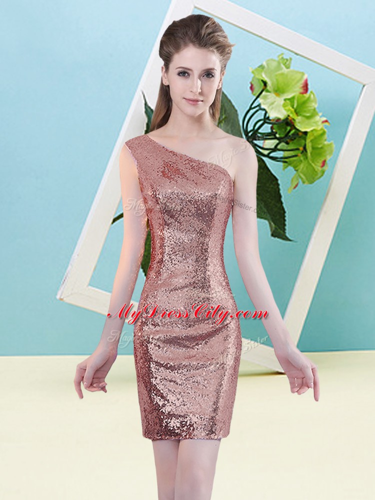 One Shoulder Sleeveless Prom Evening Gown Mini Length Sequins Coral Red Sequined