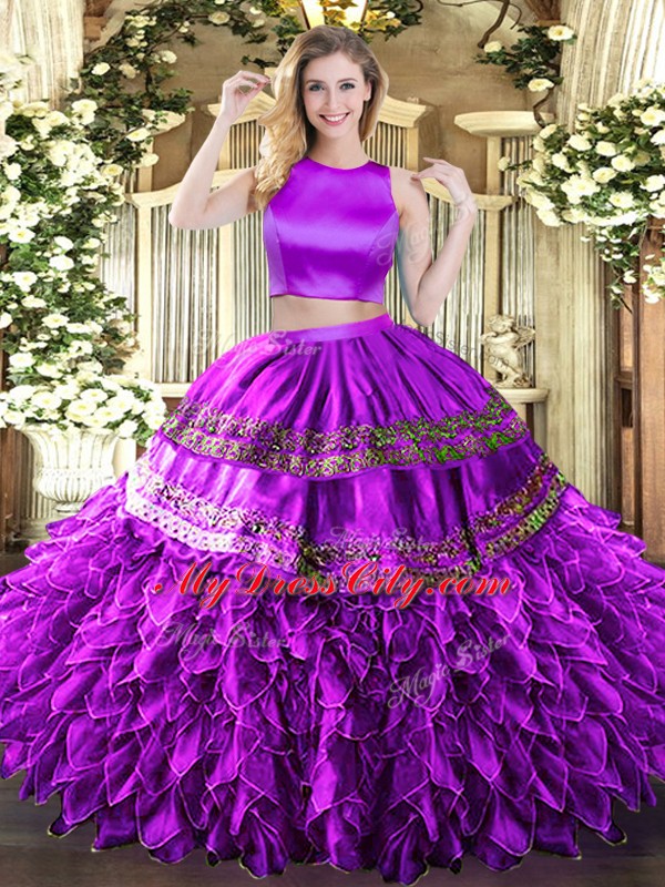 Clearance Floor Length Criss Cross Quinceanera Gown Eggplant Purple for Military Ball and Sweet 16 and Quinceanera with Ruffles and Sequins