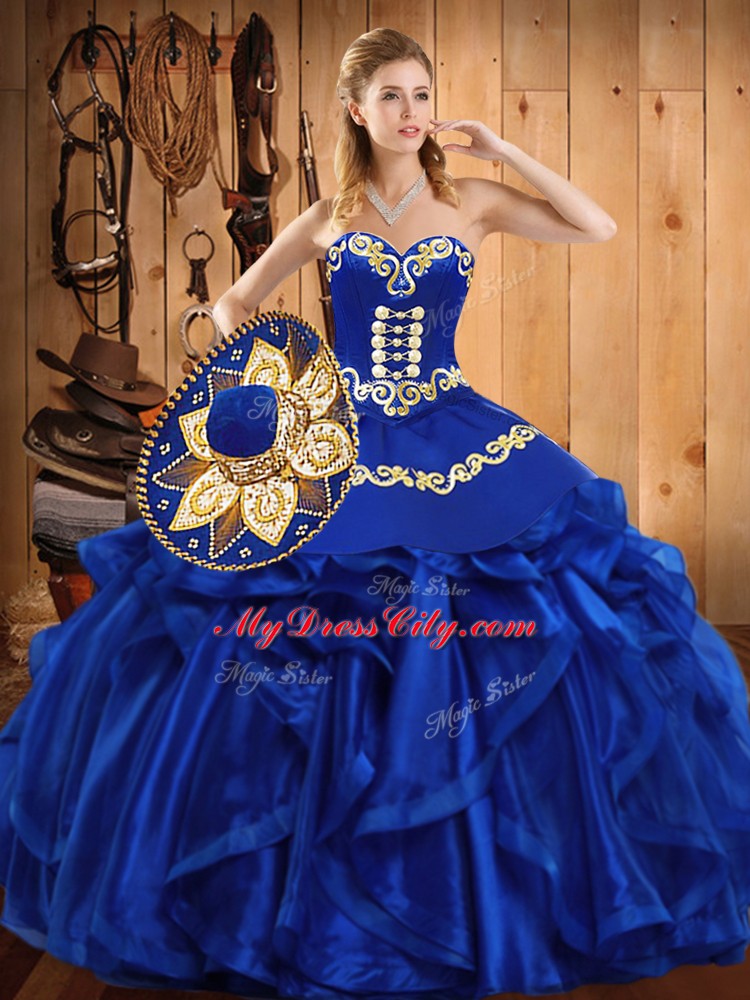 Floor Length Royal Blue Vestidos de Quinceanera Organza Sleeveless Embroidery and Ruffles