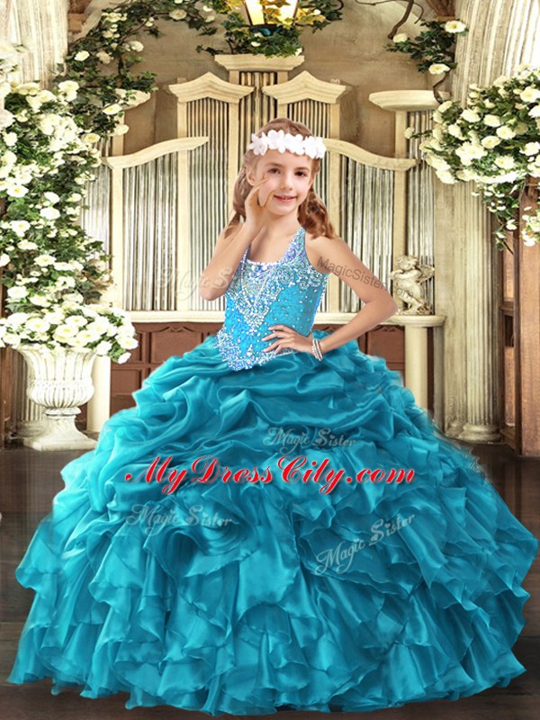 Adorable Floor Length Lace Up Girls Pageant Dresses Teal for Party and Quinceanera with Beading and Ruffles and Pick Ups