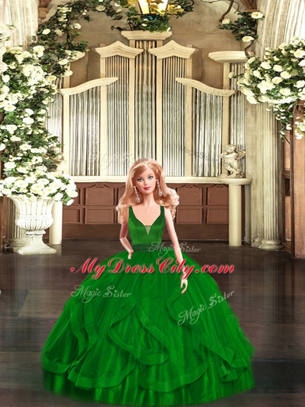 V-neck Sleeveless Zipper 15th Birthday Dress Green Organza